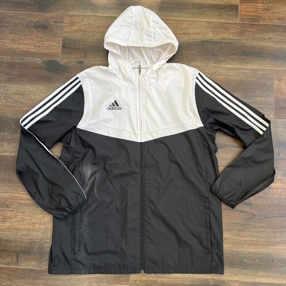 Adidas Logo Black White Full Zip Hoodie Windbreaker Size Large Colorblock Jacket - Picture 1 of 11